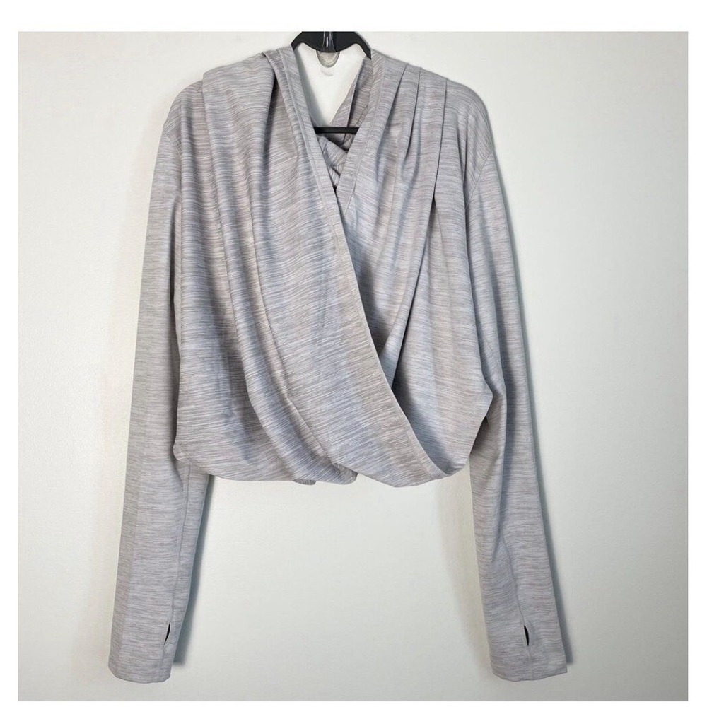 Zyia Heather Grey Crossover Shawl Wrap Long Sleeve Thumbhole Top Yoga Stretch